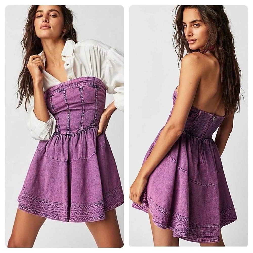Free People Candice Corset Denim Mini Dress Vintage Retro Look Stone Wash Size M